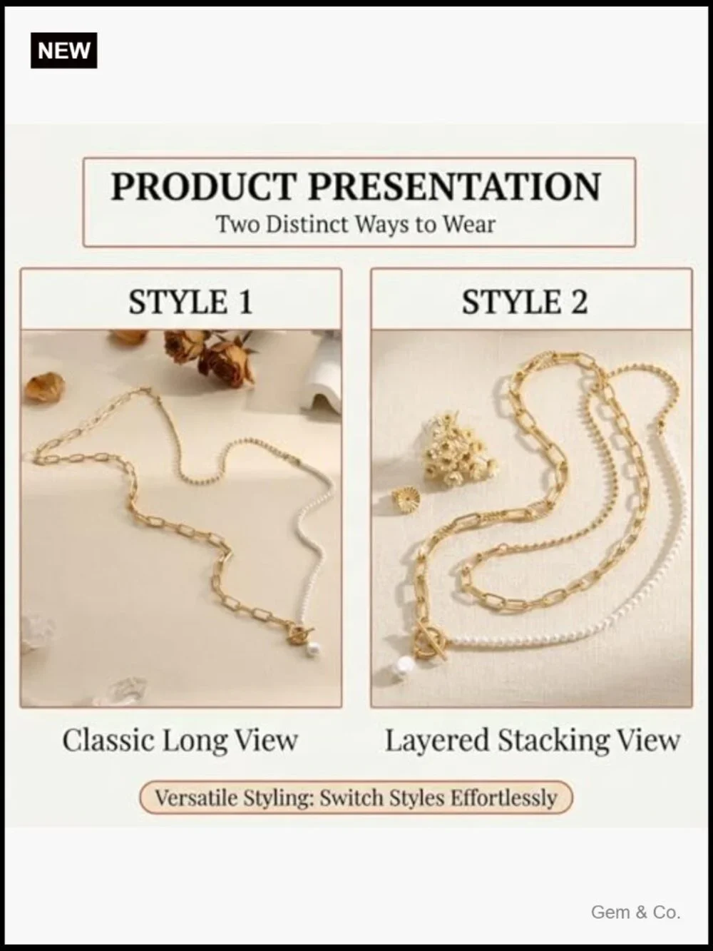 Layered Pearl Chain Necklace with Toggle Clasp, 14K Gold Plated, Trendy Dainty